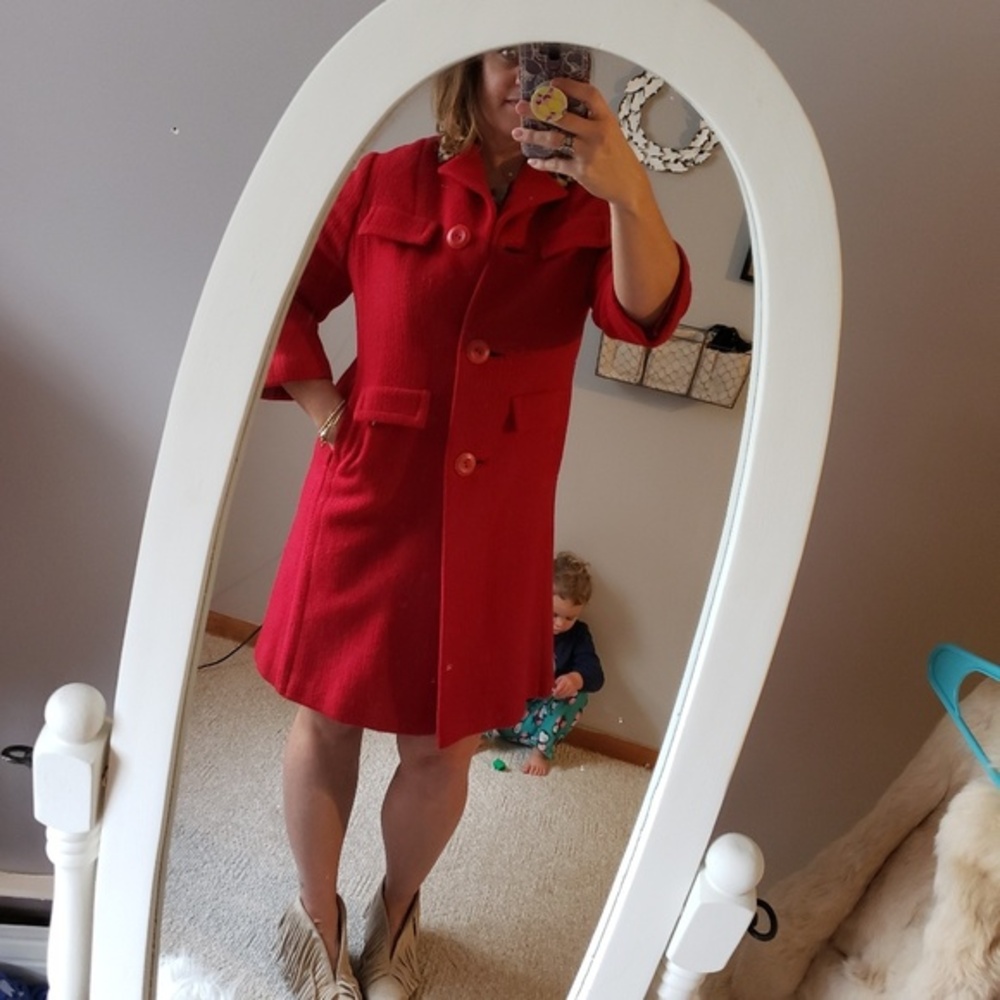 Vintage Red car coat with cheetah print collar‎ large 10/12